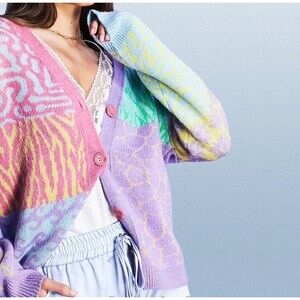 David & Dani Cardigan Women Medium Multicolor Pattern Patchwork Y2K Oversized